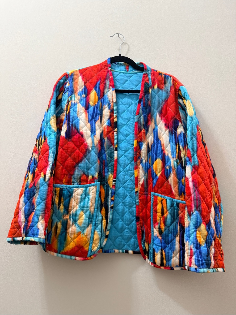 Quilted jacket, colorful ikat print boho jacket oversized fit M or L